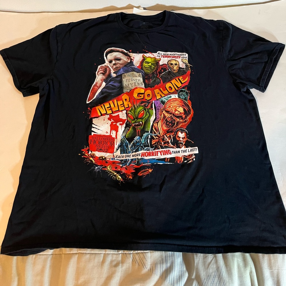 Halloween Horror Nights 2022 Never Go Alone, Black Shirt Mens 2XL